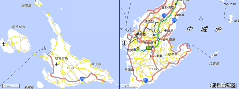 宮古島市と沖縄本島南部辺りを比較（地理院地図をトリミング）